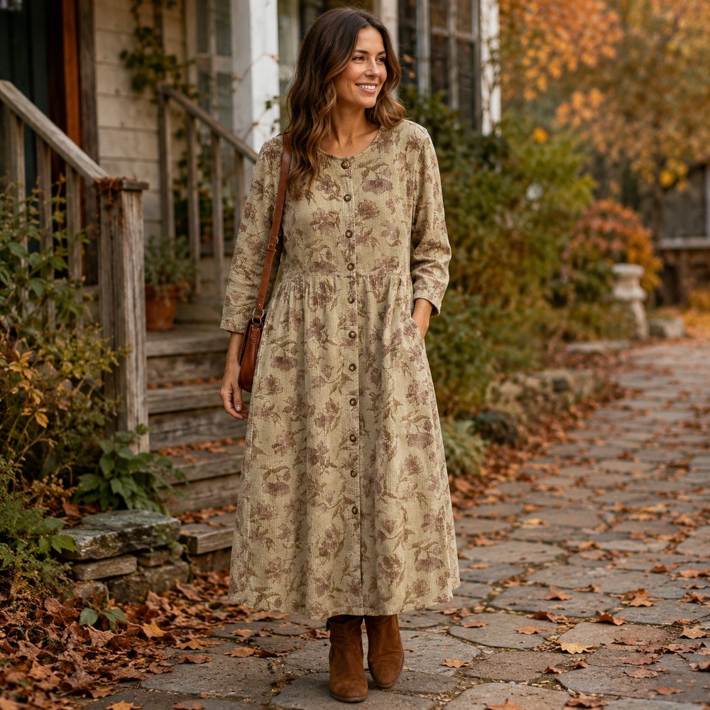 Vtg Eddie Bauer Floral Corduroy Midi Dress Petite L 90s Cottagecore Button Front